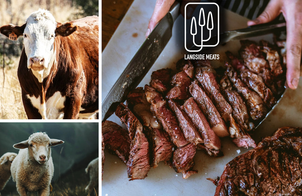 Collage of a cow, lamb, and sliced meat with Lansdale Meats logo.