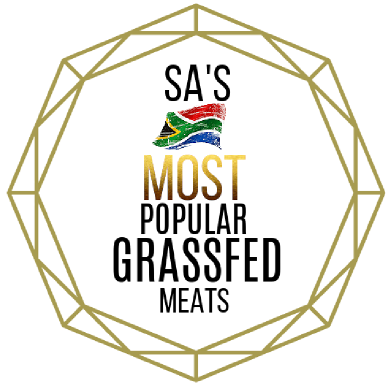 Logo for 'SA's Most Popular Grassfed Meats' with a geometric design and South African flag on a white background.